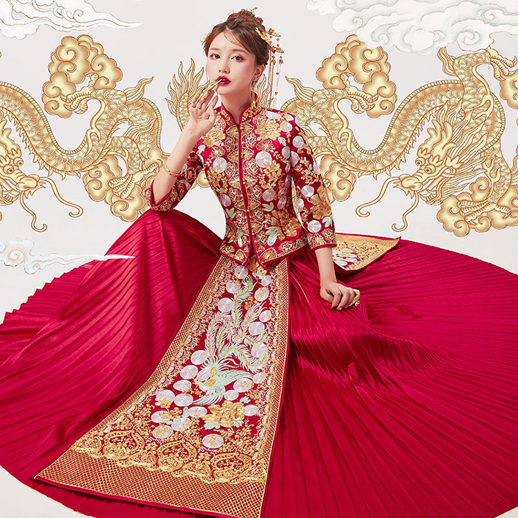 2021 Red Embroidered Phoenix Wedding Qun Kwa & Pleated Skirt