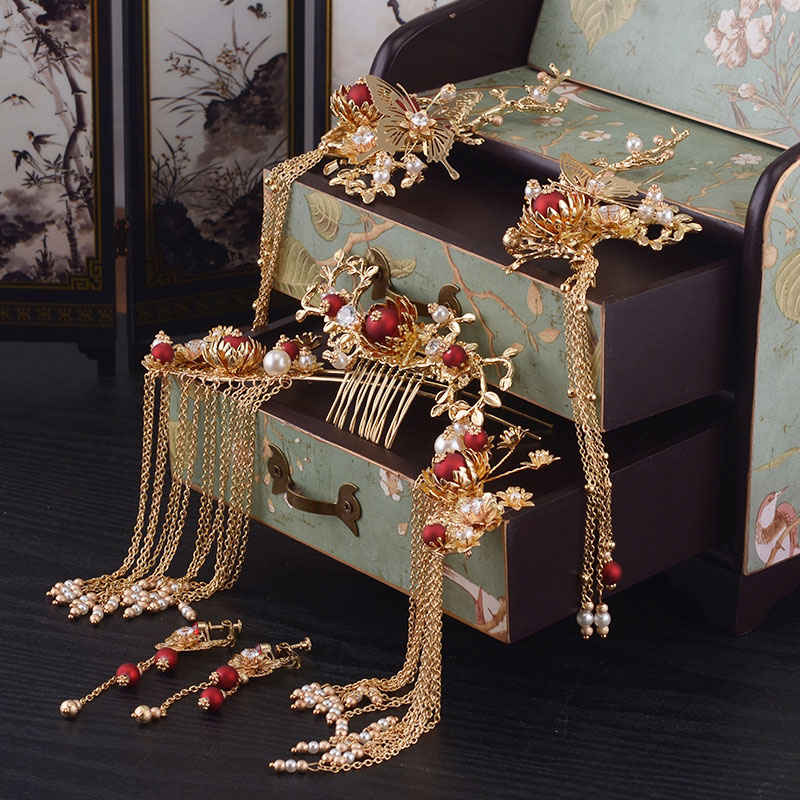 Traditional Chinese Dangling Tassels Bridal Hair Clips & Earrings