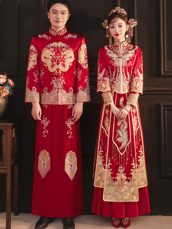 Red Embroidered Men's Dragon Wedding Qun Kwa, Jacket & Skirt