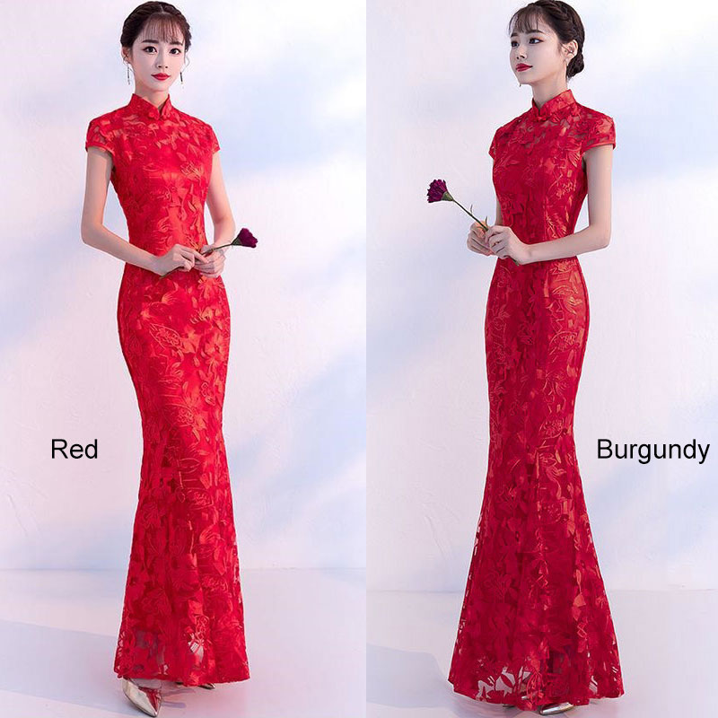 Red Burgundy Lace Fishtail Qipao / Cheongsam Wedding Dress