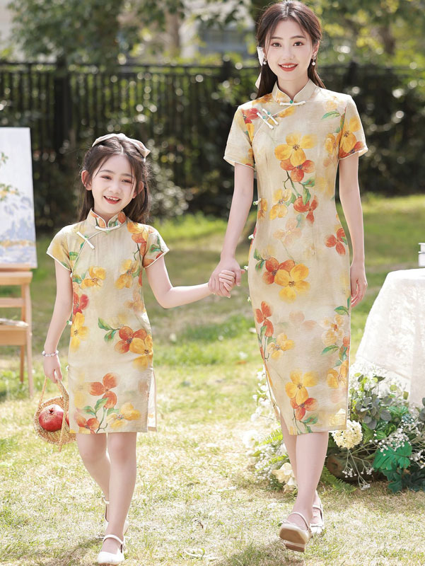 2023 Floral Linen Kids Girls Cheongsam Qipao Dress