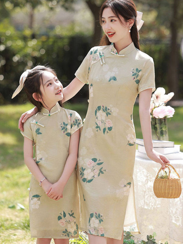 Beige Floral Linen Kids Girls Cheongsam Qipao Dress