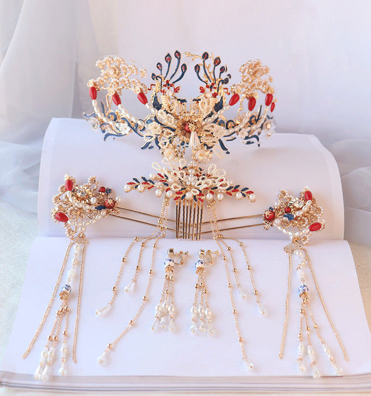Vintage Gold Tassels Wedding Bridal Hair Crown Vine & Earrings