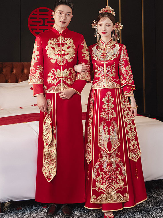 2024 Embroidered Dragon Men Wedding Qun Kwa Jacket & Skirt
