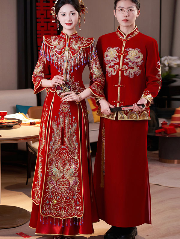 Beaded Embroidered Phoenix Velvet Wedding Bride Qun Kwa Xiu He
