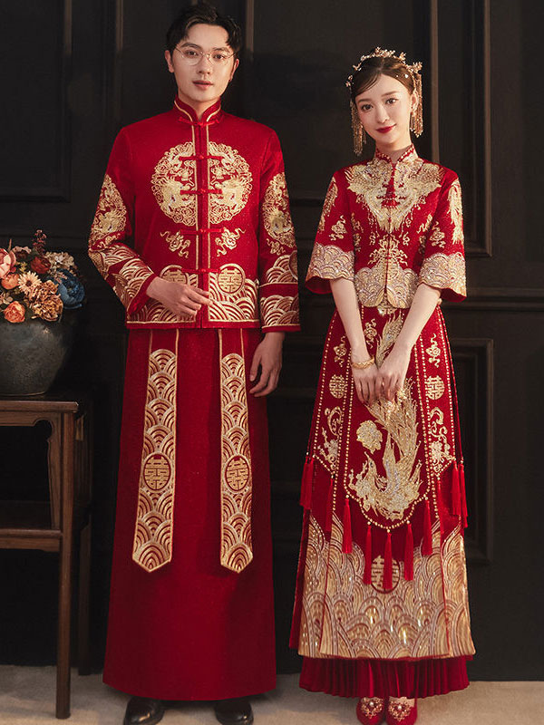 Embroidered Dragon Men Wedding Qun Kwa Jacket & Skirt
