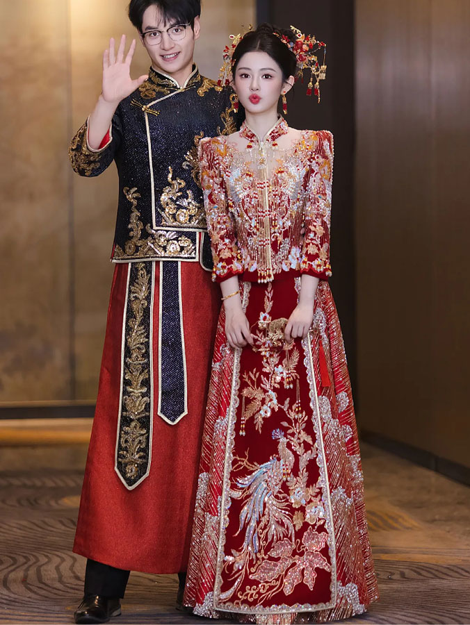 Color Block Sequins Appliques Men Wedding Qun Kwa Jacket & Skirt