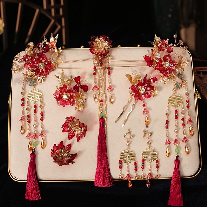 Beads Tassel Alloy Flower Bridal  Hair Clips Comb & Earrings