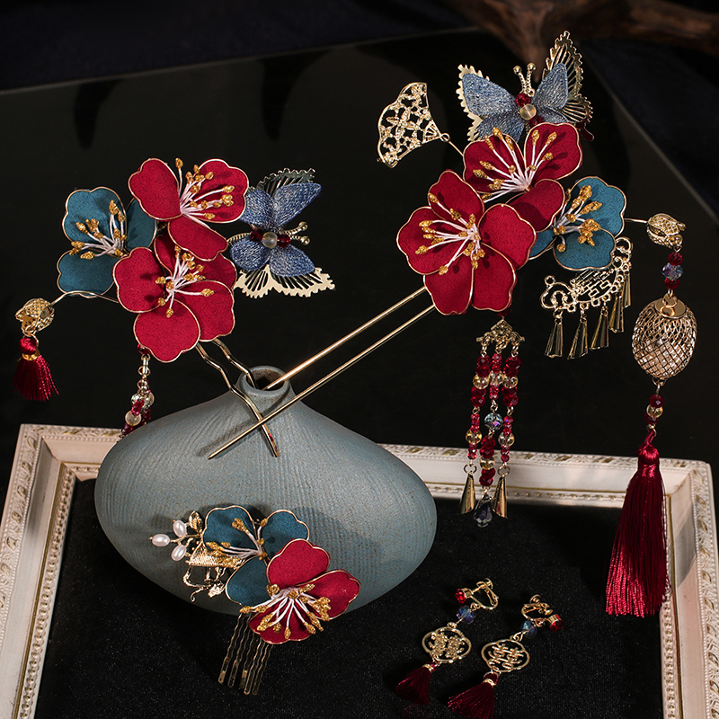 3 Pcs Bridal Red Blue Flower Hairpins Clips & Earrings