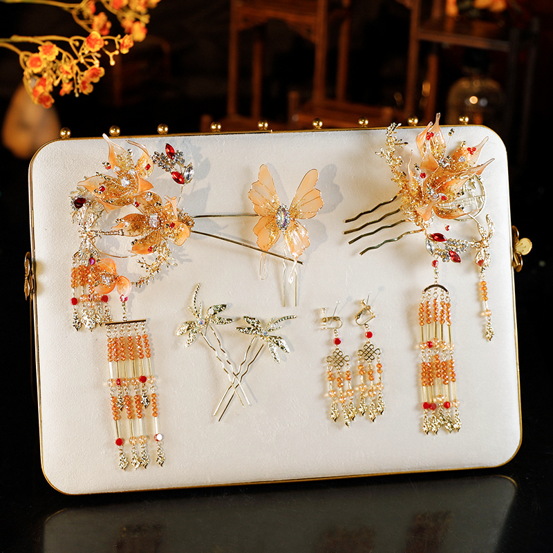 5 Pcs Bridal Orange Flower Butterfly Hairpins Clips & Earrings
